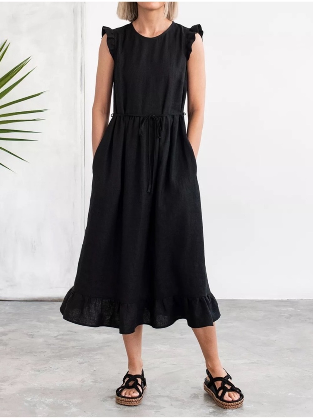 Magic Linen Sewanee Ruffle Midi Dress Black 100% Linen Lagenlook Minimalist L